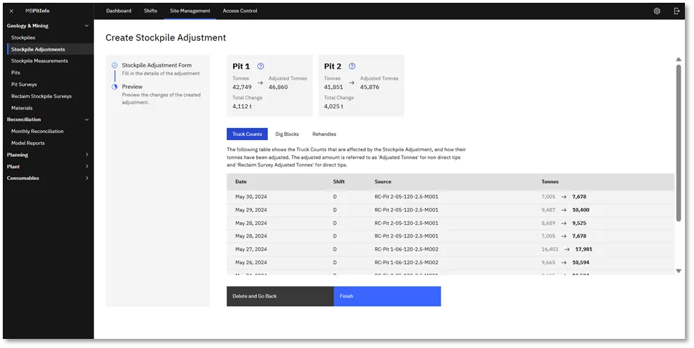 Screen shot from Minebright's Pit Info application showing stockpile adjustments