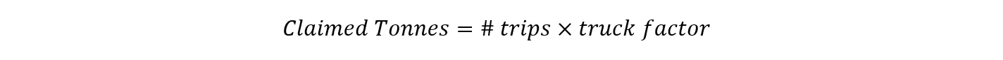 Claimed tonnes equals the number of trips multiplied by the truck factor.