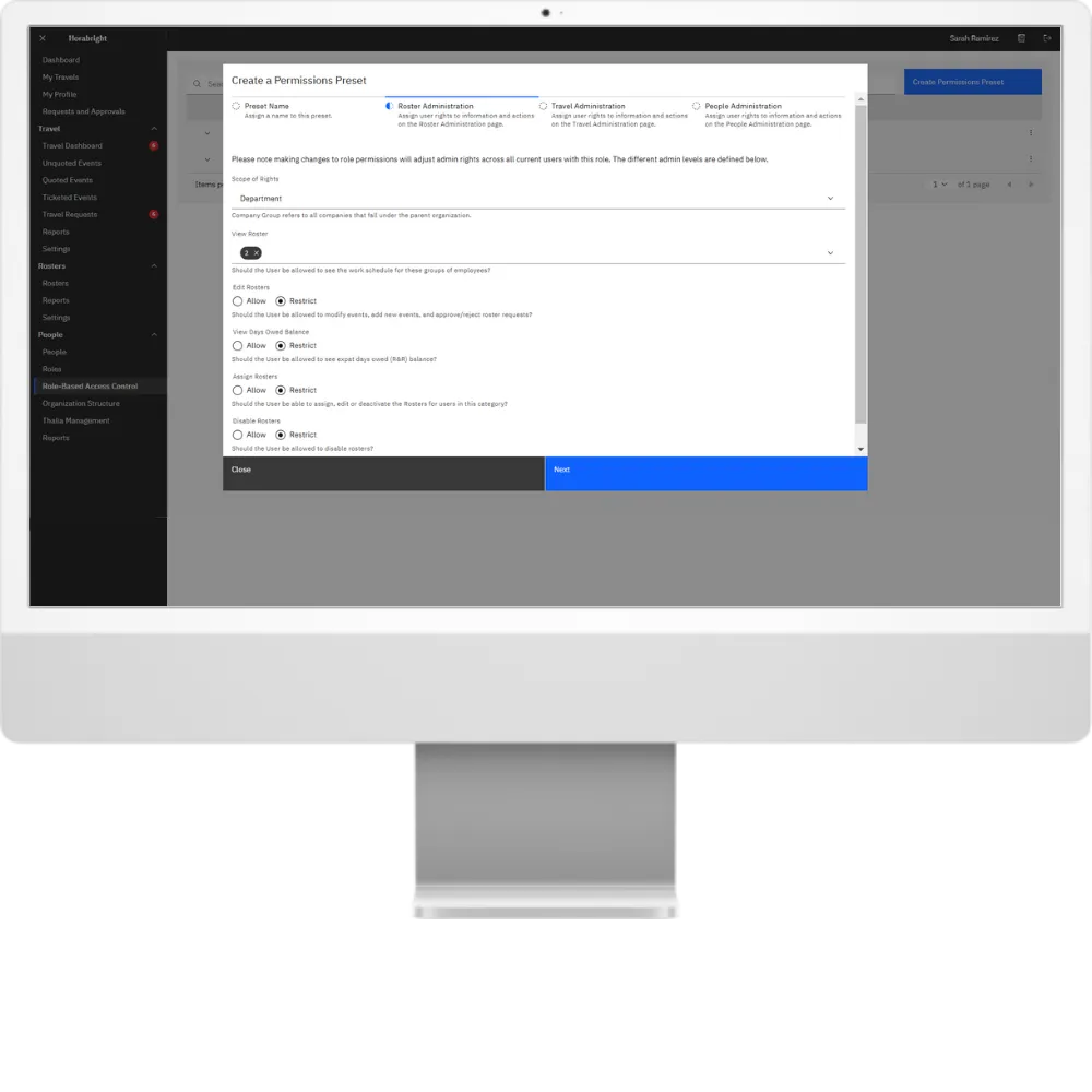 CrewCarry permissions form, assigning rights for roster, travel and people administration with toggles for viewing, editing and assigning rosters.