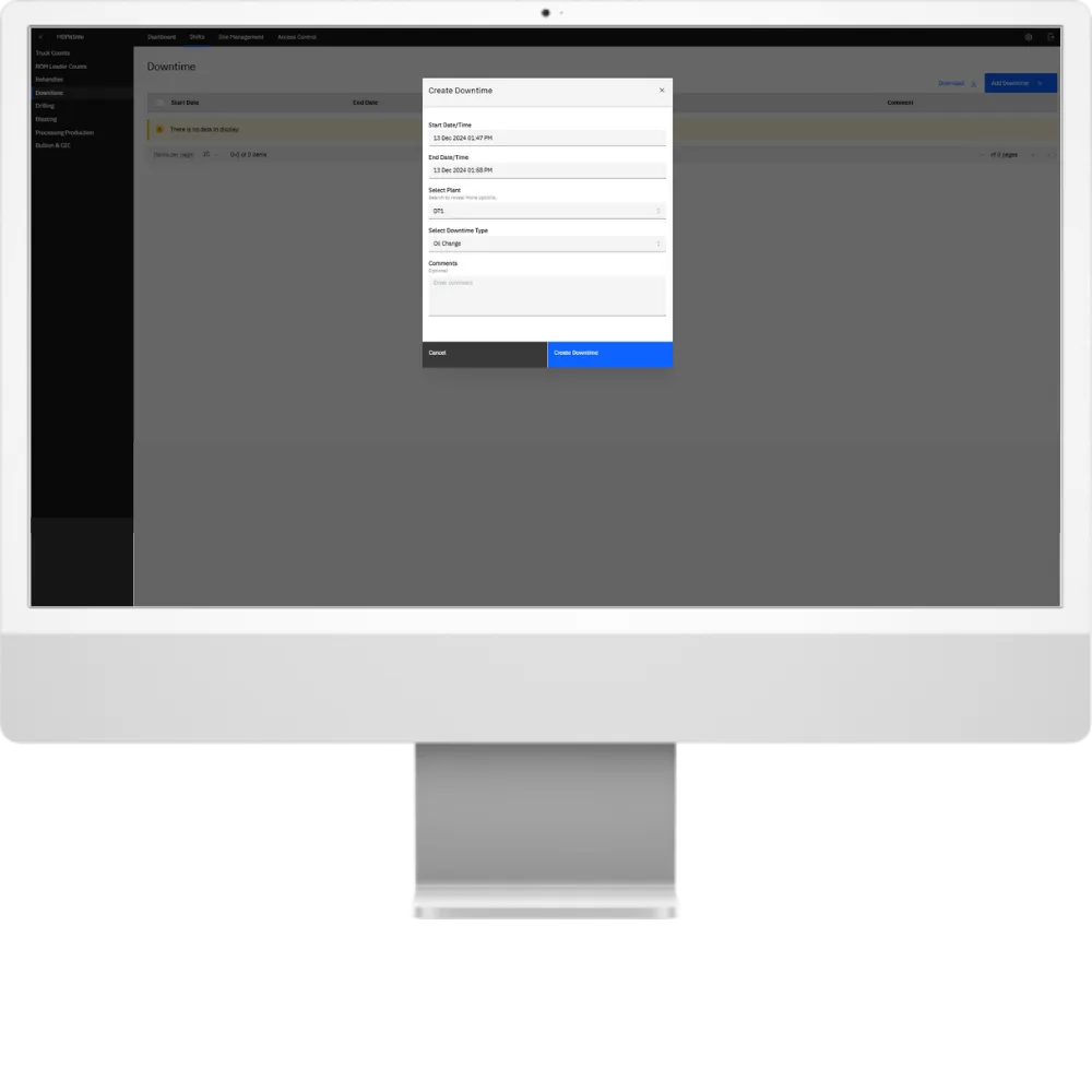 Pit Info downtime entry form, with fields for start and end date and time, plant selection, downtime type and comments, over the downtime register.