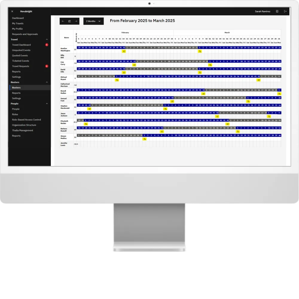 CrewCarry roster grid, showing a schedule for multiple employees across February and March 2025, with one row per employee, one column per day and highlighted cells marking shifts and events.